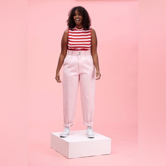 'Addison' High Waisted Organic Cotton Twill Trousers in Pink - Picture 5 of 5